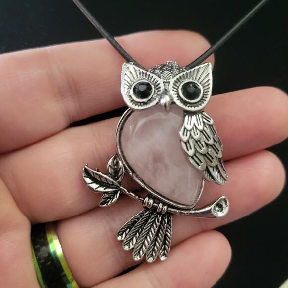 Rose Quartz Crystal Owl Pendant Necklace - Picture 1 of 4